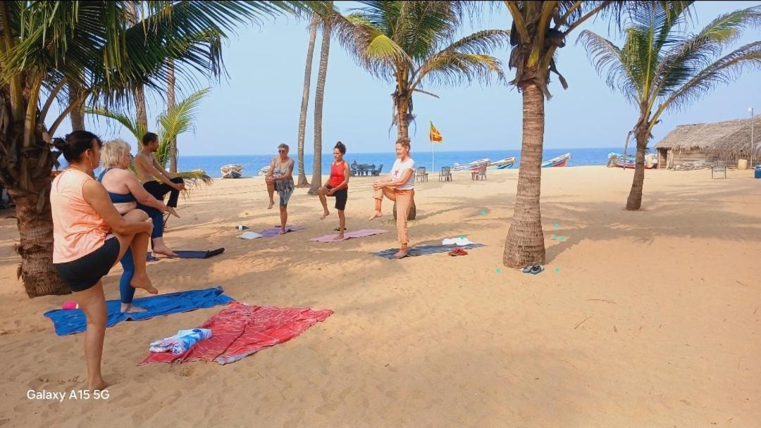 Group yoga practice on the sand at Dolphin Village Kalpitiya